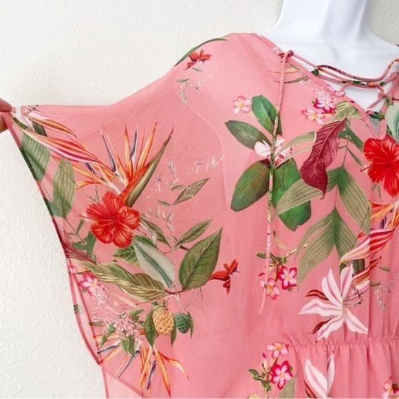 Express pink floral sheer chiffon cinched waist dress M - Picture 6 of 15